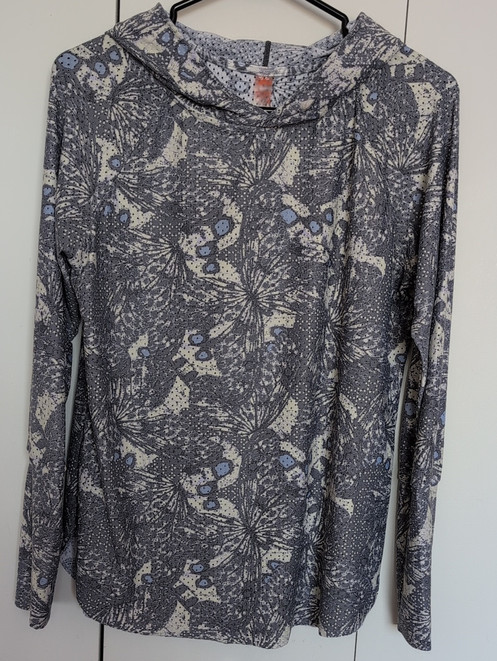 Long-Sleeve Grey Floral Perforated Tee With Hood
